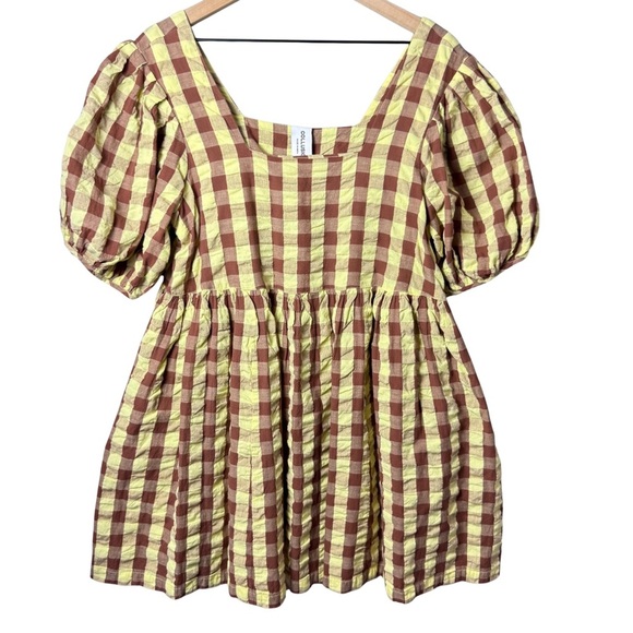 Collusion Women’s Oversized Gingham Mini Seersucker Sundress Yellow Brown US 6 - Picture 1 of 13